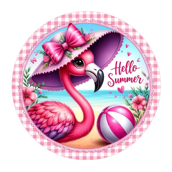 Pink flamingo hello summer wreath sign, metal wreath sign, round wreath sign, beach sign, door decor, Lindys sign creations