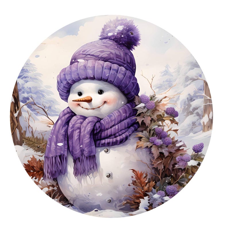 Purple winter snowman wreath sign, metal wreath sign, round wreath sign, door decor, Lindys sign creations image 1