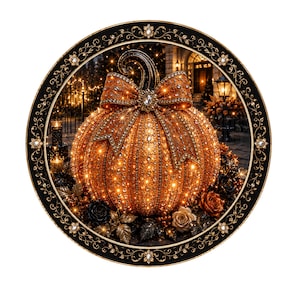 May include: A decorative, round image featuring a sparkling orange pumpkin adorned with a bow and jewels. The pumpkin is surrounded by black and gold roses and set against a blurred background of a house and lights. The image has a black and gold decorative border.