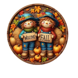 Lindo cartel de corona de bienvenida de otoño con espantapájaros, cartel de corona de metal, cartel de corona redonda, decoración de puerta, creaciones de letreros de Lindys