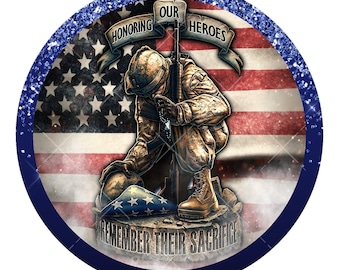 Solider and flag wreath sign, patriotic wreath sign, metal wreath sign, signs for wreaths, honoring our heroes wreath sign