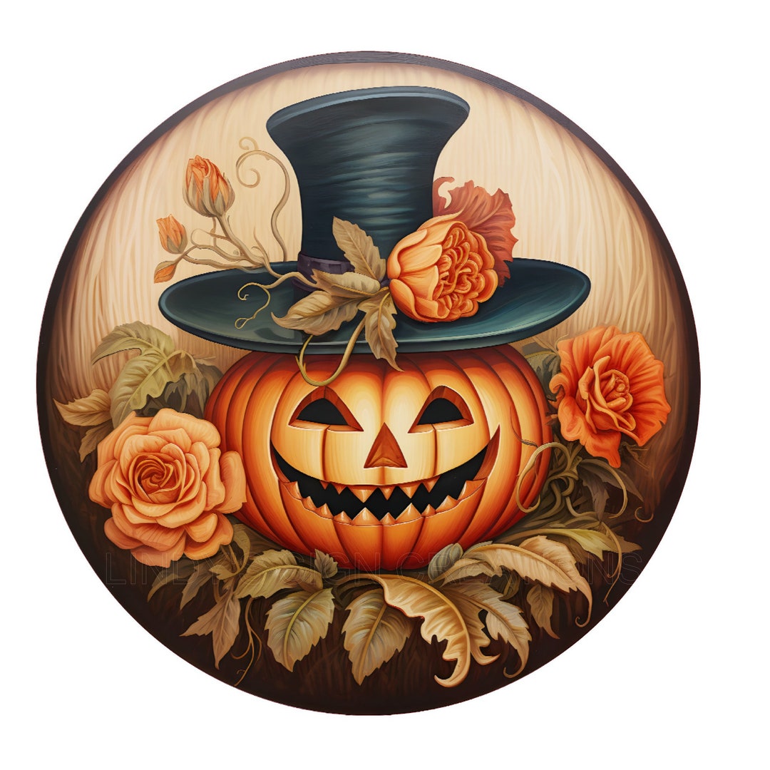 Smiling Pumpkin With Top Hat Wreath Sign, Metal Wreath Sign, Round