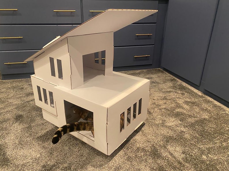 May include: A white cardboard cat house with a slanted roof and multiple openings. A cat is partially visible inside the house.