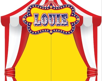 Puede incluir: Una carpa de circo a rayas rojas y blancas con un frente amarillo y un letrero que dice "LOUIE" en letras azules y amarillas.