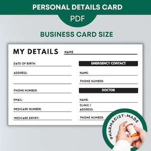 Tarjeta de presentación imprimible con datos personales Tarjeta de información personal importante Tarjeta de contacto de emergencia Datos médicos Tamaño billetera Descargar
