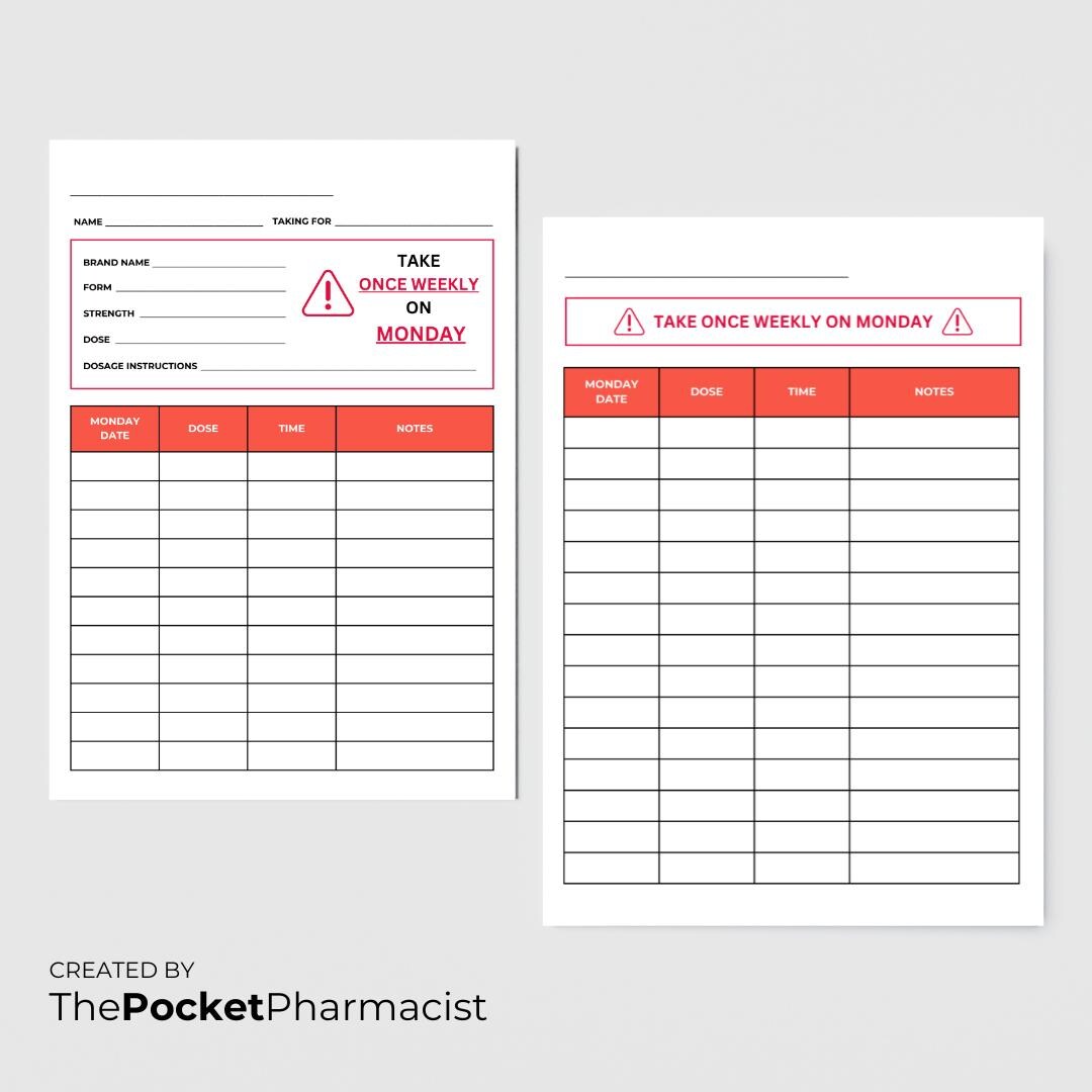 Weekly Once Injections Once Weekly Dosing Log Printable | Medication Tracker | Weekly Dose ...