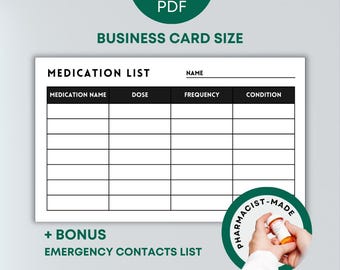 Printable Medication List | Business Card Sized | Medication Tracker | Compact Medical Information Card | Medicine Card I Digital Download