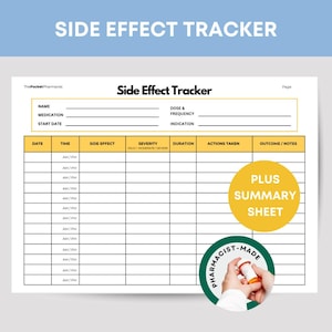 May include: A white A4 paper titled "Side Effect Tracker" with a blue header. The form includes fields for medication, side effects, and outcomes. A yellow circle with "Plus Summary Sheet" is on the right. A green circle with "Pharmacist-Made" is on the bottom right.