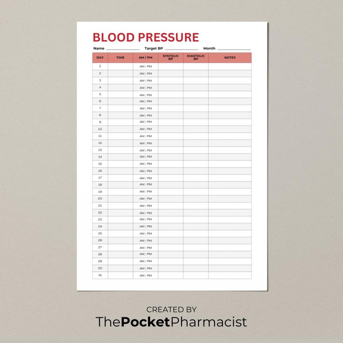 Monthly Blood Pressure Log Printable Blood Pressure Tracker Monitoring ...