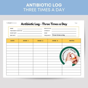 May include: A white Antibiotic Log sheet with the text "Antibiotic Log - Three Times a Day." The sheet includes sections for name, medication, dose, and a table to track doses. A green circular graphic with the text "Pharmacist-Made" is in the bottom right.