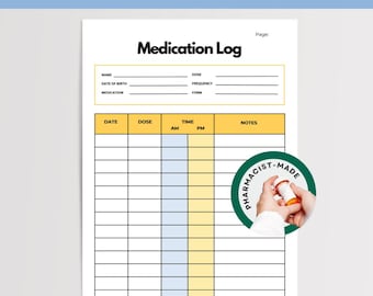 Medication Log Printable Medicine Tracker Health Record Sheet Medication Planner Patient Care Organizer Medication Reminder Medicine Log