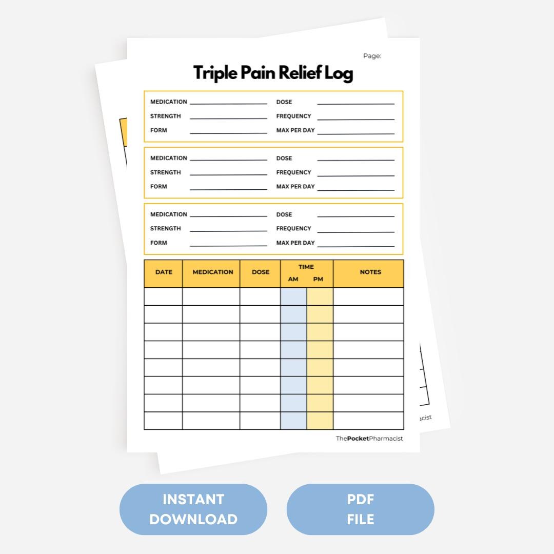 Triple Pain Relief Log Printable Multi-medication Pain Medicine Tracker ...