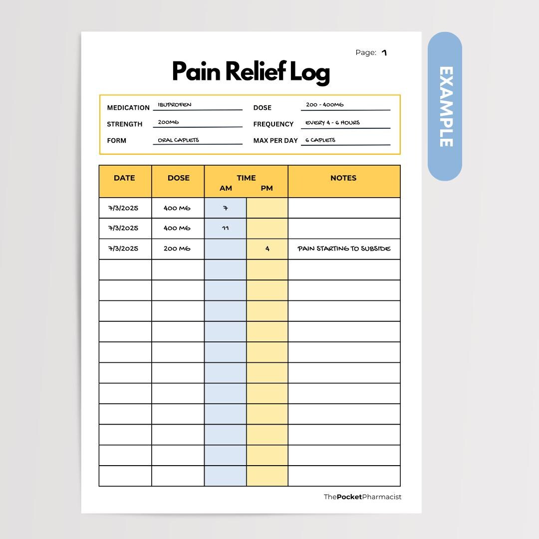 Pain Relief Log Printable Medication Tracker Log Pain Management ...