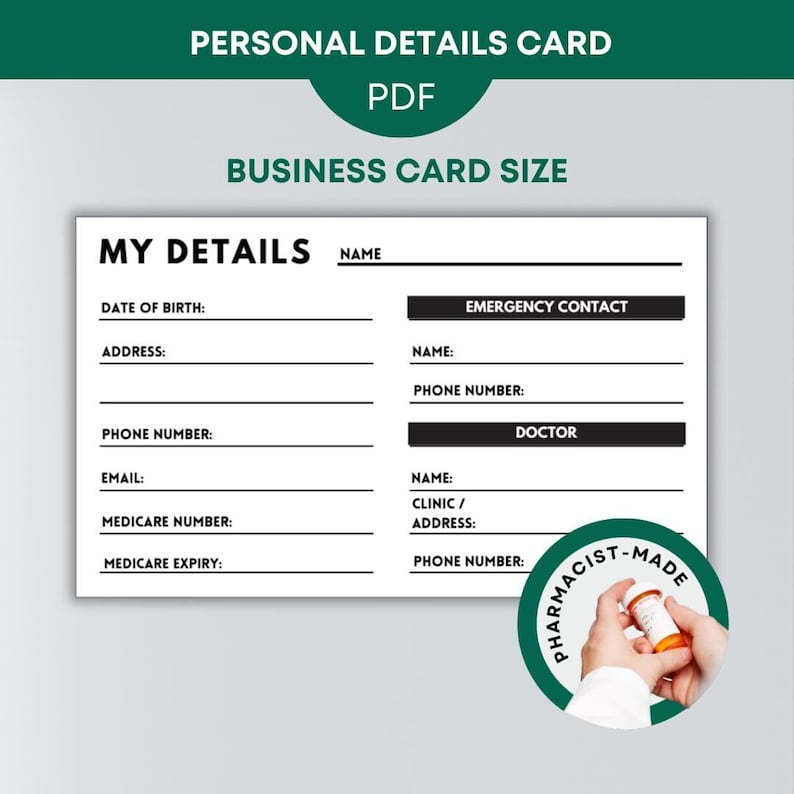 Personal Details Printable Business Card Important Personal Information ...