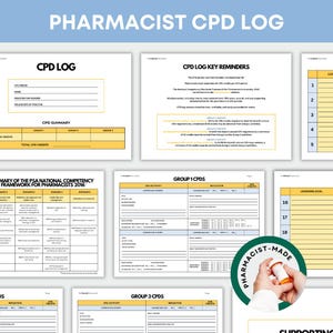 Puede incluir: Una colección de documentos en papel blanco y amarillo titulados "Pharmacist CPD Log", diseñados para registrar el desarrollo profesional. Los documentos incluyen secciones para resúmenes de CPD, recordatorios clave y registros de actividades. La imagen también incluye un logotipo hecho por un farmacéutico.