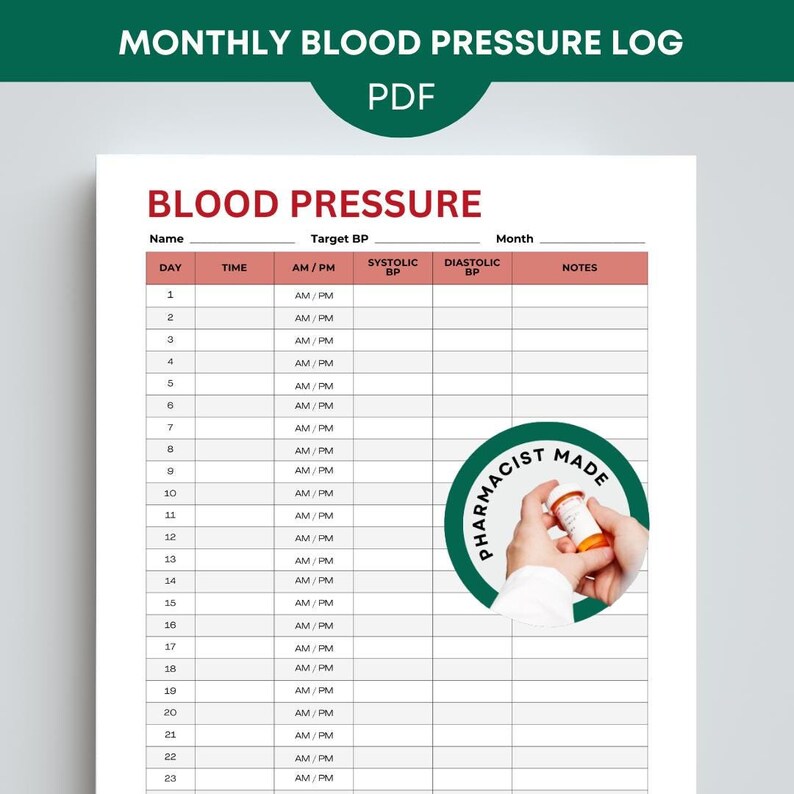 Monthly Blood Pressure Log Printable Blood Pressure Tracker Monitoring ...