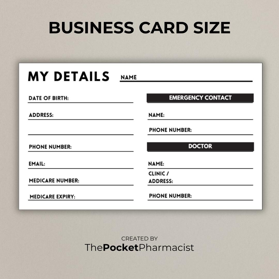 Personal Details Printable Business Card Important Personal Information ...