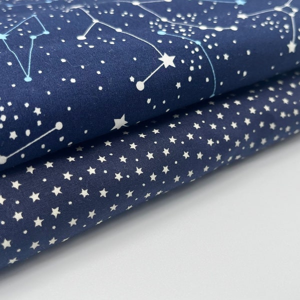 Navy Stars Constellations Night Sky, Space Fabric, Cotton Fabric, by the Metre