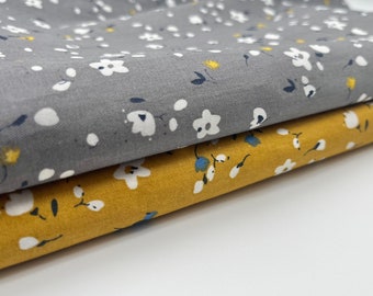 Floral Fabric 100% Cotton, Floral Design, Grey & Mustard, flowers, Next Day Dispatch, By the Meter, floral print fabric