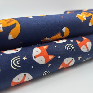 Volpi arancioni stampate su sfondo blu navy, 100% cotone, stampa animalier, tessuto volpe, spedizione gratuita il giorno successivo