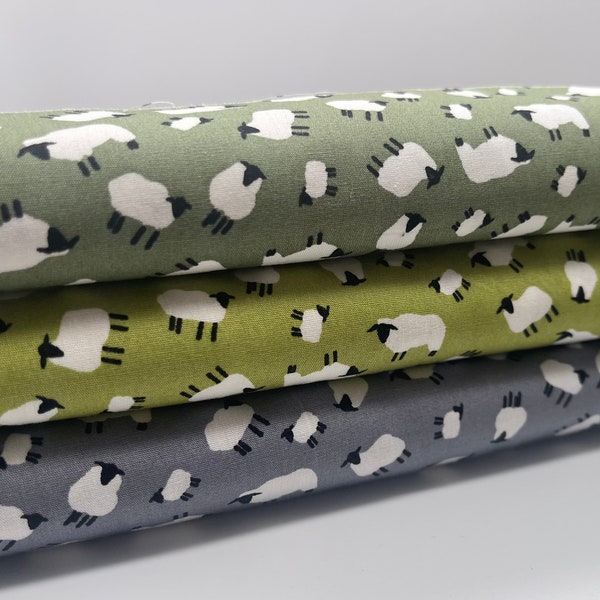 Sheep Fabric, Animals Fabric, 100% Cotton Fabric, Silver, Green