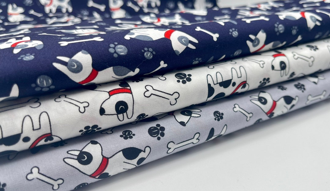 View of Dog Fabric, Animals Fabric, 100% Cotton Fabric, White, Grey, Navy ...