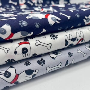 Dog Fabric, Animals Fabric, 100% Cotton Fabric, White, Grey, Navy, Puppy Fabric