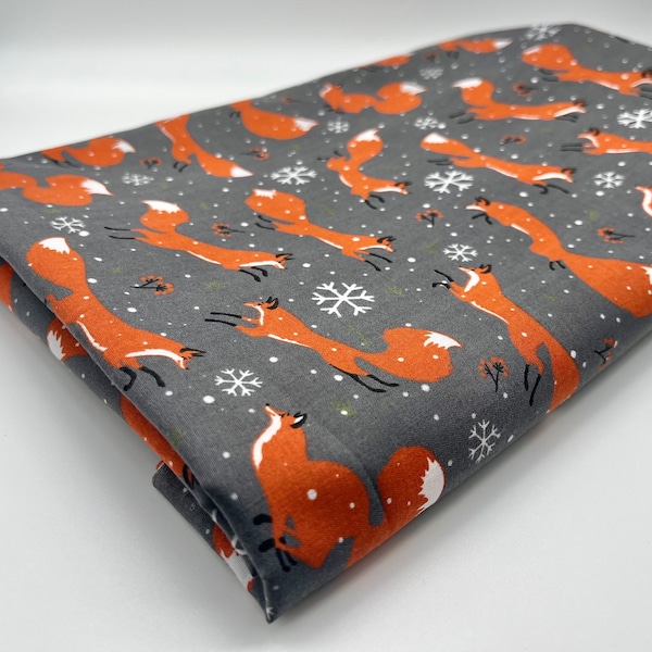 Christams Fox Fabric, Grey Fox Fabirc, Orange Fox, Festive Fabric, Half Metre, by the Metre, Christmas Cotton Prints