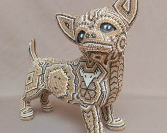 Huichol Art | CHIHUAHUA DOG ART | Crystal Beads Dog | Cute Dog Sculpture | Ritualistic Handcrafted Beads Chihuahua Dog Sculpture