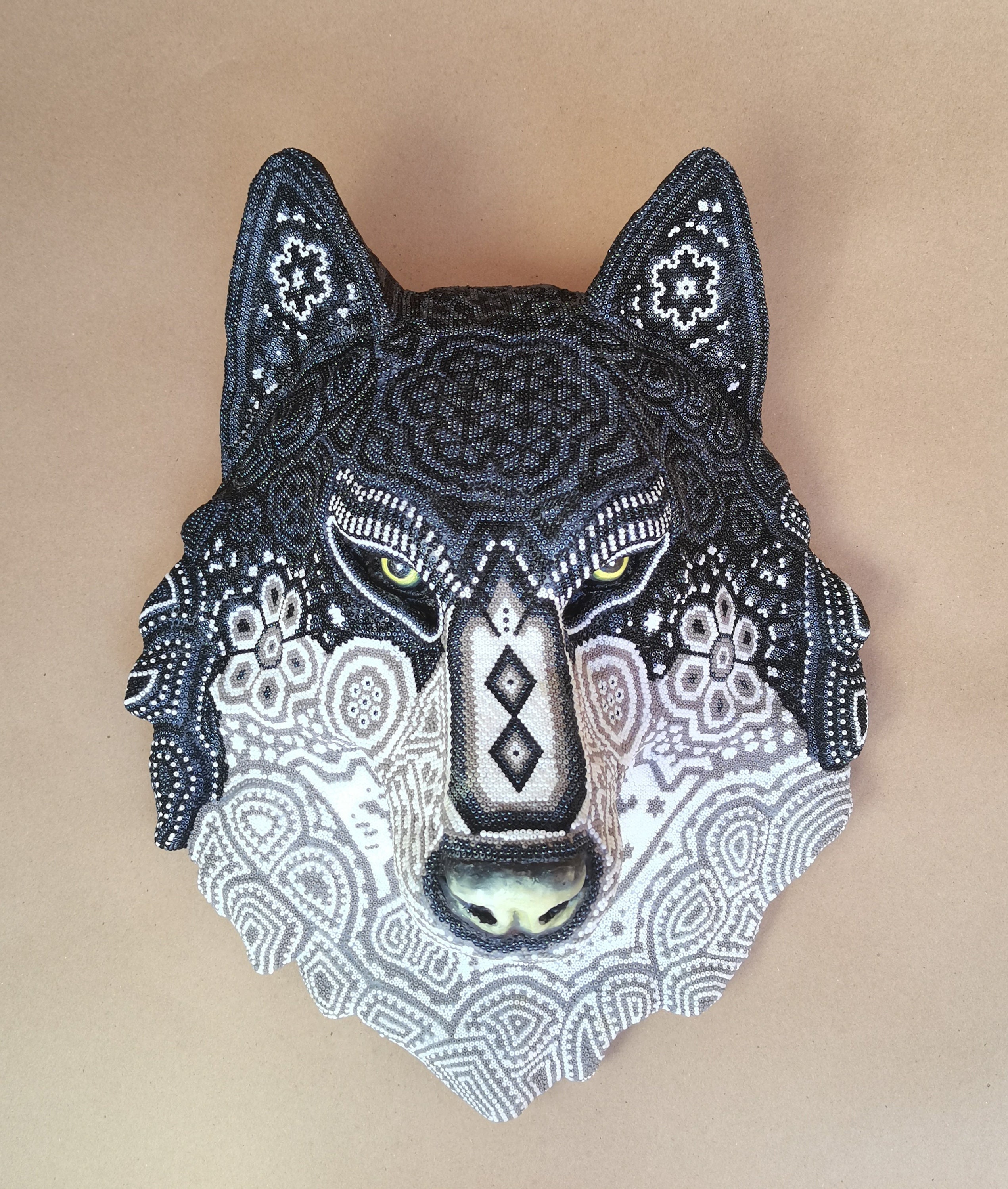 Huichol Art Black&white Wolf