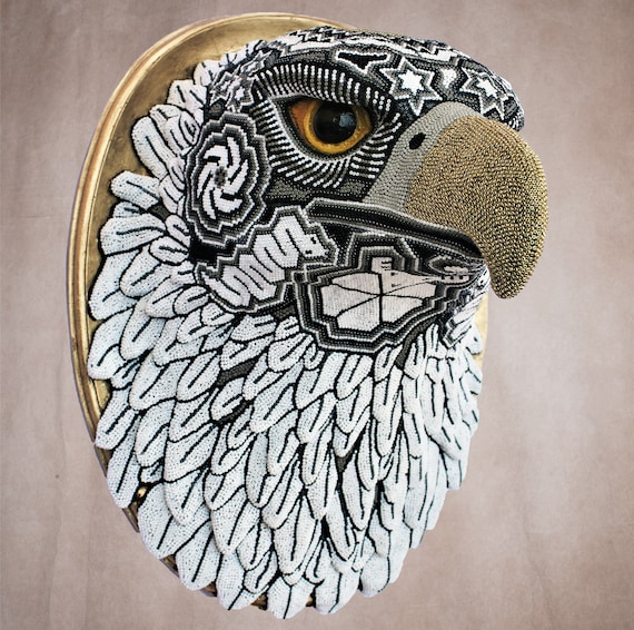 Huichol Art | EAGLE SCULPTURE | Handcrafted Wixarika | Seed Bead Eagle | Golden Eagle Art | Cute Czech Beads Traditional Eagle Wall Art