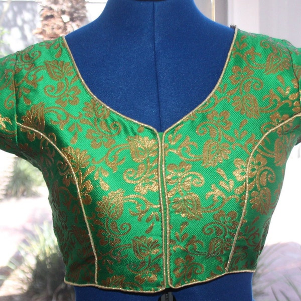 Green Saree Blouse/Brocade Blouse /Designer Saree Blouse/ Cocktail saree blouse/ blouse with sleeves/Lehenga Blouse(Size 38")