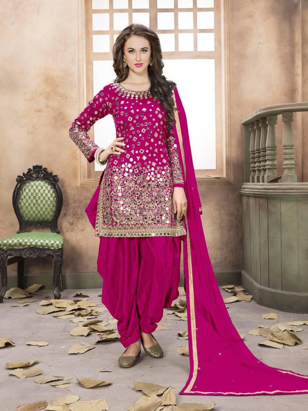 Pink Mirror Work Punjabi Suit XL