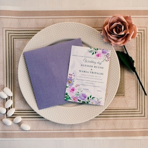 Partecipazioni nozze violetta, invito nozze, invito fatto a mano, wedding stationery