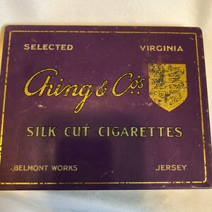 cos cigarette Vintage Preowned Cigarette Tin C. 1950s Selected Virginia, Ching & Cos ,  Silk Cut Cigarettes, Belmont Works, Jersey ( Channel Islands)