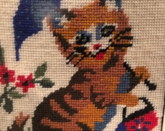 Vintage 1970s Petit Point Cat in Bevelled Wood Frame