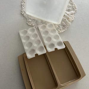 Pode incluir: Um recipiente de armazenamento de ovos de plástico castanho com duas bandejas de ovos brancas removíveis. O recipiente tem dois compartimentos e uma tampa de plástico transparente.