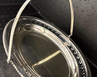 Antique Silver Plate Bridal Basket or hinged folding handle serving dish 11-inches long C 1905-20 made in Birmingham  England preowned