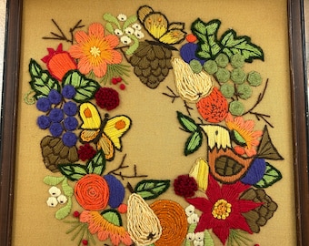 Vintage 1970s Crewelwork, Framed Floral Bird Embroidery