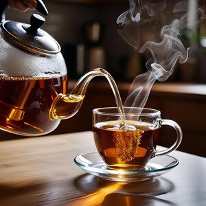 May include: A glass teapot pouring hot tea into a clear glass mug with a handle. Steam rises from the mug.