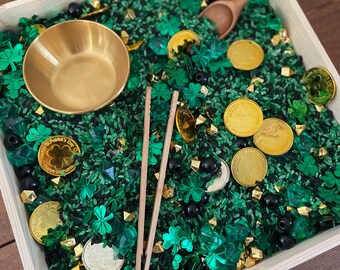 St. Patrick’s Day Sensory Bin Filler, St. Patty’s Day Activities, Holiday Bins, Sensory Play, Green, Gold, and Black