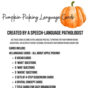 Descarga instantánea de tarjetas didácticas de idiomas, recolección de calabazas de otoño, preguntas 'Wh', vocabulario, secuenciación, conceptos espaciales, práctica de idiomas