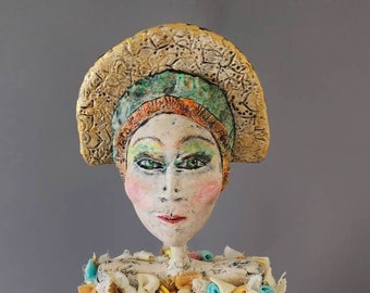OOAK Doll  - Fine Art Doll - &quot;Anouke&quot;  - Clay Art Doll - Collectible Doll  - Sculpted Doll, Doll for Altar, Vintage Style, Gold foil