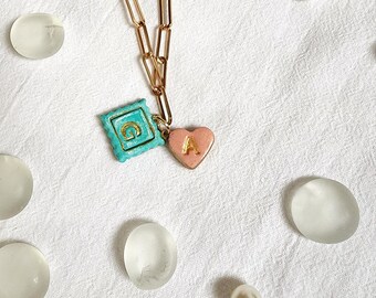 Handmade Clay Initial Rose Heart Charm Necklace, Gold Paperclip Chain, Personalized Minimalist Jewelry