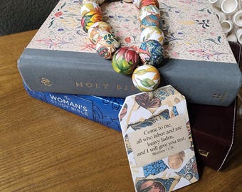 Matthew 11:28 | Blessing Beads | Prayer Beads, Wooden Beads Layered with Vintage-Inspired Paper