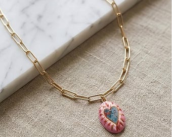 Hand Painted Milagro Heart Charm and Necklace, Gold Paperclip Chain, Folk Art Pendant