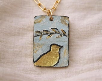 Handmade Clay Pendant Necklace, Gold Paperclip Chain, Minimalist Artisan Jewelry, Neutral Boho Necklace Gift