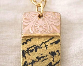 Handmade Clay Pendant Necklace, Gold Paperclip Chain, Minimalist Artisan Jewelry, Neutral Boho Necklace Gift