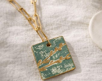 Handmade Clay Pendant Necklace, Gold Paperclip Chain, Minimalist Artisan Jewelry, Neutral Boho Necklace Gift