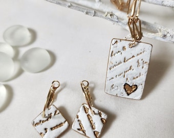 Textured White Clay Pendant Necklace and Gold Dangle Earrings Set